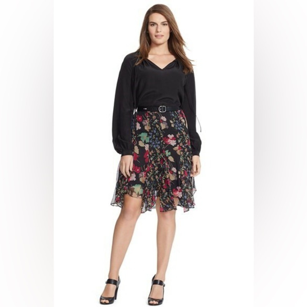 LAUREN RALPH LAUREN Ruffled Floral Georgette Skirt Black Size 8